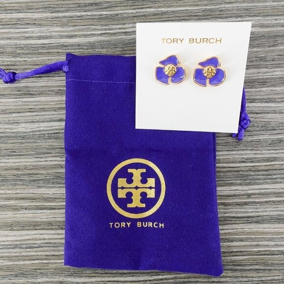 Tory Burch Fleur Flower Stud Earrings Purple OS - Picture 10 of 14